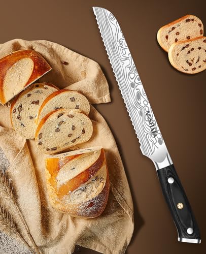 MOSFiATA Bread Knife 8” Ultra Sharp Serrated Knife, German High Carbon Stainless Steel EN1.4116 Bread Slicer with Bread Lame, Micarta Handle, For Bread, Cake, Bagels - style: 8 inch bread knife
