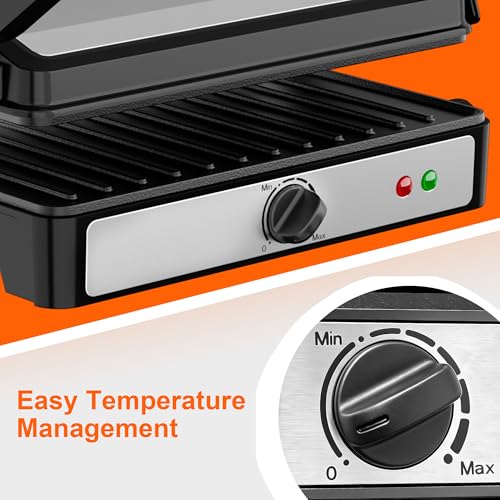 KEINVE Electric Panini Press Grill and Sandwich Maker, 900W Fast Heating Compact Panini Maker with Temperature Control, 180° Flat Open Non-Stick Griddle, 9.2 x 5.8" Plates for Steak, Burgers - size: 2 Slice(Temp Control)