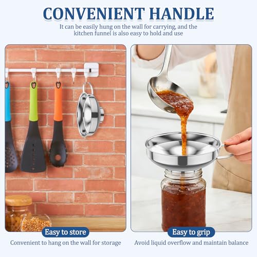 Canning Funnel w Strainer, Wide Mouth Funnels w Handle, Stainless Steel Funnels for Kitchen Use, Filling Wide and Regular Mason Jars Bottles, Kitchen Gadgets Canning Supplies, 3 Pack (Small and Large)