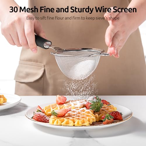 U-Taste Small Fine Mesh Strainer: 18/8 Stainless Steel 3.35in 30 Mesh Kitchen Food Sieve with Sturdy Riveted Silicone Handle, Heavy Duty Deep Handheld Metal Colander for Tea, Juice (Black) - color: (2) Black, size: S-3.35in