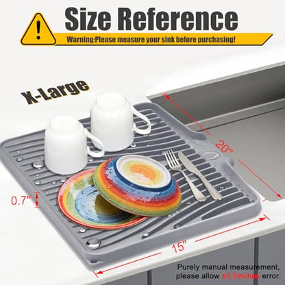 TIKNIK Silicone Dish Drying Mat for Kitchen Counter - Heat Resistant & Non-Slip Dish Drain Pad with Built-In Drain, Dishwasher Safe, Quick-Dry, Hangable & Roll-Up for Storage, Grey-1pcs, 20" x 15" - size: 20" x 15"
