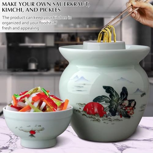 Traditional Chinese Hand Painted Porcelain Fermentation Crock With Water Seal Lid, Ceramic Pickling Jar, 1 Pcs(Blue,3.5kg) - color: Blue, size: 3.5kg