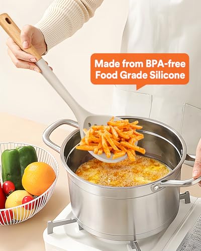 Kitchen Ladle Strainer, Large Slotted Spoon with High Heat Resistant BPA Free, Non Stick Cooking Skimmers For Draining & Frying, 13.2inch (Khaki) - color: Khaki