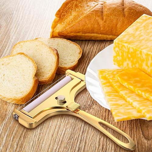 Boao Cheese Slicer with Wire Adjustable Thickness Cheese Cutter Handheld Stainless Steel for Soft Semi Thick Thin Hard Slicer for Kitchen Cooking Tools(Gold) - color: Gold