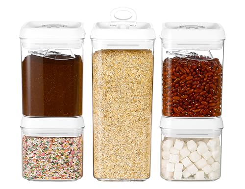 Felli Flip Tite Food Storage Container 5" LARGE 5pk Set + No Residue Label, Airtight Lid Easy Lock Top Stackable, Plastic Canister Jar for Pantry Kitchen Fridge Organizer Pasta Protein Powder Spice - color: White, size: 5"