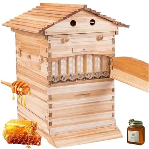 Beehive Starter Kit, Bee Hive Box with Observation Windows, Automatic Self-Flowing Complete Honey Bee Hive, Complete Beekeeping Wooden Bee Box for Beekeeper Beekeeping Equipment