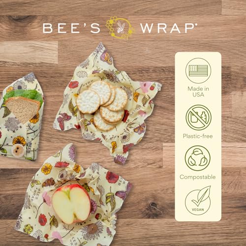 Bee's Wrap Vegan Beeswax Wraps for Food - 3 Pack of Assorted Beeswax Wraps - 2 Medium & Sandwich Wrap - Plastic Free Made in USA Reusable Natural Food Wrap - Meadow Magic - style: Lunch Pack Vegan Meadow Magic