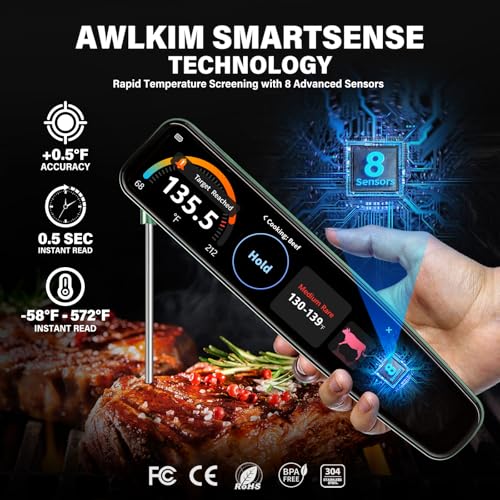 AWLKIM Instant Read Meat Thermometer Digital, 3.8" Touchscreen No App Needed Rechargeable Waterproof Kitchen Food Thermometer Probe for Cooking, Grill, BBQ, Candy, Oil Frying, 0.5F