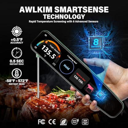 AWLKIM Instant Read Meat Thermometer Digital, 3.8" Touchscreen No App Needed Rechargeable Waterproof Kitchen Food Thermometer Probe for Cooking, Grill, BBQ, Candy, Oil Frying, 0.5F