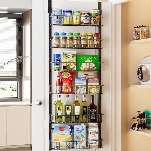 Delamu Adjustable Cabinet Door Organizer, 6 Tier Hanging Spice Rack | Metal Over the Door Pantry Organizer, Pantry Organizers and Storage Shelves for Kitchen Bathroom Laundry Room, Black - color: Black, size: 6 Tier-Medium