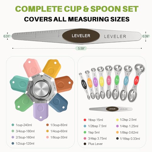 Magnetic Measuring Cups & Spoons Set, Strong N52 Magnets, Heavy Duty 304 Stainless Steel, Dual-Sided Design Fits Spice Jars, Easy-to-Read Markings, 16-Piece Set with Leveler for Baking & Cooking