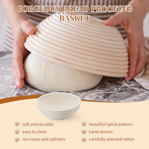 Dimpola Banneton Bread Proofing Basket Banneton Basket Set Sourdough Proofing Basket Round Proofing Bowls Handmade Rattan Baskets and Liners (Round 9 inch Baking Set) - style: Round 9 inch Baking Set