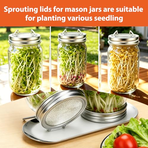 4 Pack Wide Mouth Mason Jar Sprouting Lids, 316 Stainless Steel, 8 Filters | Lids with Built-In Stand, Detachable Mesh Screens, Includes 2 Drip Trays for Easy Sprouting of Alfalfa, Broccoli & More
