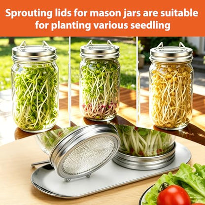 4 Pack Wide Mouth Mason Jar Sprouting Lids, 316 Stainless Steel, 8 Filters | Lids with Built-In Stand, Detachable Mesh Screens, Includes 2 Drip Trays for Easy Sprouting of Alfalfa, Broccoli & More