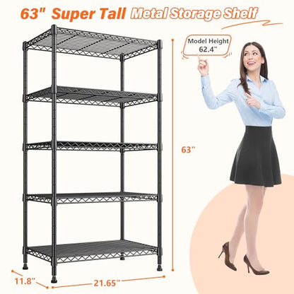 REIBII Metal Shelving 5 Tier Wire Sturdy Storage Shelves Adjustable Steel Organizer Wire Rack for Kitchen Laundry Room Commercial School Storage Room Black 63“Hx 21.65“L x 11.8”D - size: 【5 Tier】63"H X 21.65"W X 11.8"D