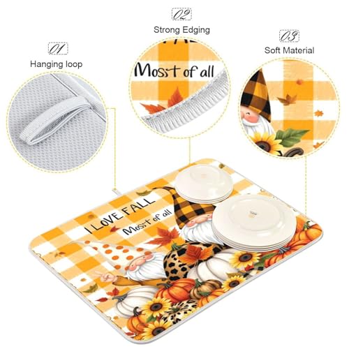 Kcldeci Autumn Fall Gnome Dish Drying Mat Kitchen Drying Pad Sunflower Pumpkin Dish Draining Mat Dish Rack Drainer Pad 18 x 24 - color: A05, size: 18x24in