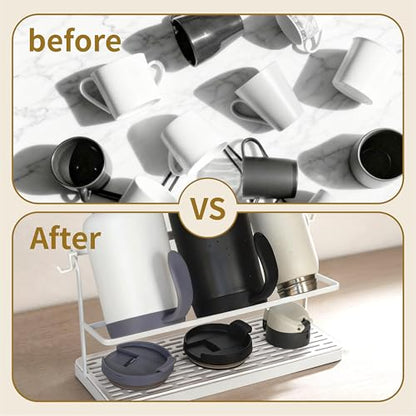 2-Tier Water Bottle Drying Rack for Countertop - Large Carbon Steel Cup Mug Organizer with Removable Drain Tray (White) - color: White
