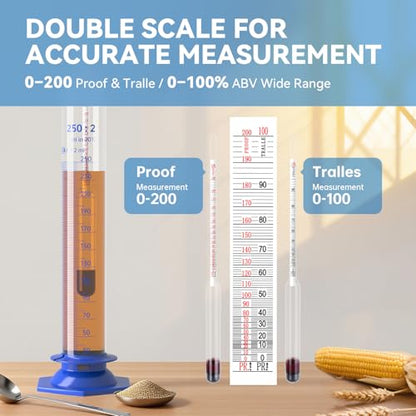 Hydrometer Alcohol 0–200 Proof & Tralle with Glass Test Jar Kit, Lab-Grade Glass Dual Scale for Accurate High-Proof Spirit Testing Moonshine Whiskey Spirits Liquor Proofing Distilling