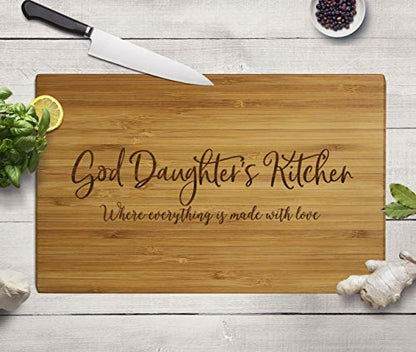 Andaz Press Large Bamboo Wood Cutting Board Gift, 17.75 x 11-inch, God Daughter's Kitchen Where Everything is Made With Love, 1-Pack, Engraved Serving Chopping Board Christmas Chef Kitchen Ideas - color: God Daughter