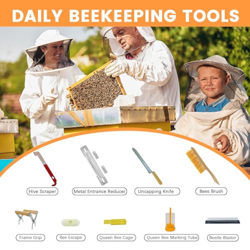Bee Hives and Supplies Starter Kit Hand Painted 8 Frame Beehive Starter Kit All Beginners Kit Includes Beekeeping Supplies Tool Set and Cowboy Beekeeper Hat with Veil