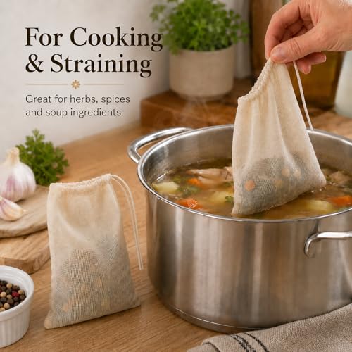 24 Pcs Spice Bags for Cooking, 4 x 6 in Cotton Muslin Bags with Drawstring, Reusable Empty Tea Bags for Loose Tea, Cheesecloth for Straining, Empty Sachet Pouches