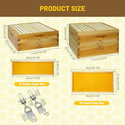 Beehive/Langstroth 10 Frame bee Box/bee Hives Boxes Starter kit with 100% Beeswax Includes Beehive Frames and Beeswax Coated Foundation Boards(1 Deep Boxes & 1 Medium Boxes)