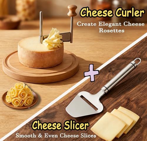 Cheese Curler Wheel for Tête de Moine & Chocolate - Swiss Style Girolle Cheese Shaver with Sharp Stainless Steel Blade and Solid Wood Base, Rotary Slicer for Charcuterie Boards, Parties & Gifts