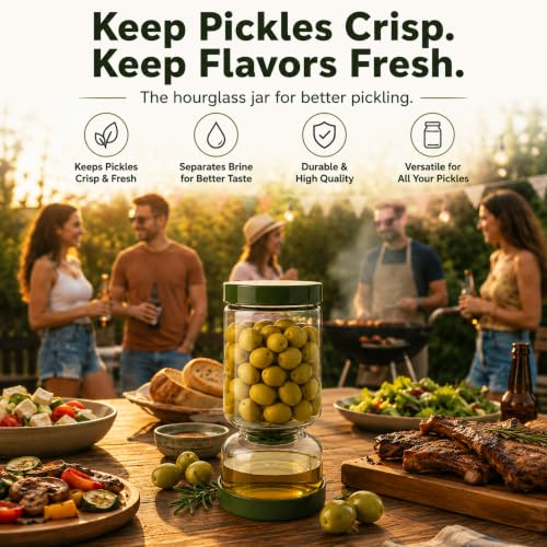 Neoflam Pickle Jar with Flip Strainer, 37 oz Glass Pickle Container for Olives, Jalapeños & Kimchi, Hourglass Juice Separator, Airtight Leak-Proof Food Storage, BPA-Free Wide Mouth Jar