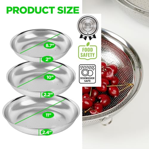 Shallow Stainless Steel Colander Set of 3 – Micro-Perforated Tray Strainers for Berries Vegetables Fruit, 18/8 304 Low Profile (2, 3, 4 Qt) Self-Draining Base, Dishwasher Safe, Made in Korea - size: 2+3+4QT Colander