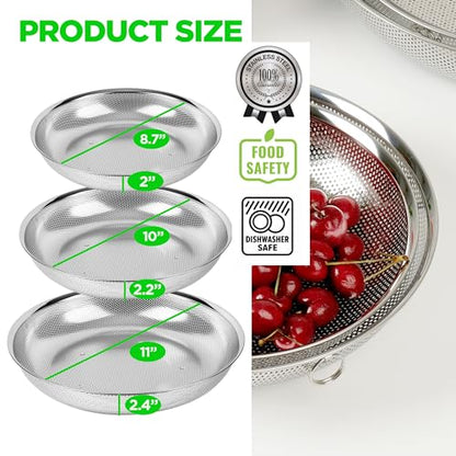 Shallow Stainless Steel Colander Set of 3 – Micro-Perforated Tray Strainers for Berries Vegetables Fruit, 18/8 304 Low Profile (2, 3, 4 Qt) Self-Draining Base, Dishwasher Safe, Made in Korea - size: 2+3+4QT Colander