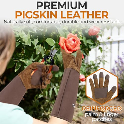 HANDLANDY Long Gardening Gloves for Men & Women, Pigskin Leather Rose Pruning Gloves- Breathable & Durable Gauntlet Glove (Small, Brown) - color: Brown, size: Small (Pack of 1)