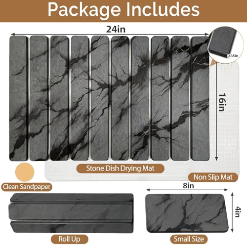 Large Stone Dish Drying Mat for Kitchen Counter, Quick Dry Stones Dishes Mats, Foldable Water Absorbing Diatomaceous Earth Drying Pad for Plate Rack Bottles Utensils (Dark Gray 24"×16" & 8"x4")