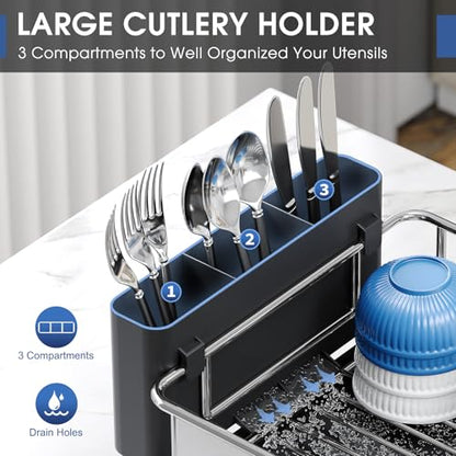 Urackify Stainless Steel Dish Drying Rack - Large Capacity Kitchen Counter Organizer with Drain Board, Utensil Holder & Detachable Cup Shelf, Surgical-Grade Rust-Proof Dish Drainer, Easy Assembly - color: Black