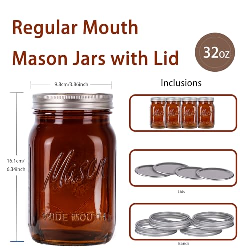 Rubtlamp Amber Mason jar 32 oz, 12 Pack Glass Jars - Wide Mouth Mason Jars with Airtight Lids for Pickling, Fermenting, Food Storage&DIY Crafts, Microwave & Dishwasher Safe - color: Amber