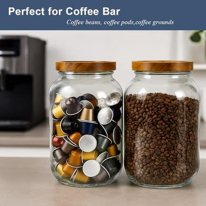 2 Pack Glass Flour Sugar Storage Containers with Acacia Wooden Lid, 1 Gallon Glass Jars with Airtight Lid, Wide Mouth Large Mason Jars 128oz for Rice, Pasta, Oats, Coffee Storage - size: Large