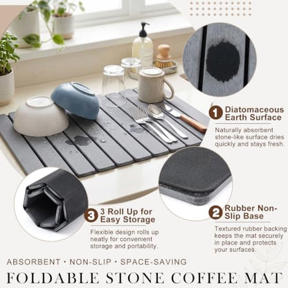 Large Stone Coffee Mat for Countertop, 24" x 15" Diatomaceous Earth Coffee Dish Drying Mats with Non-Slip Rubber Base, Super Absorbent Quick Drying Mat for Kitchen Espresso Machine