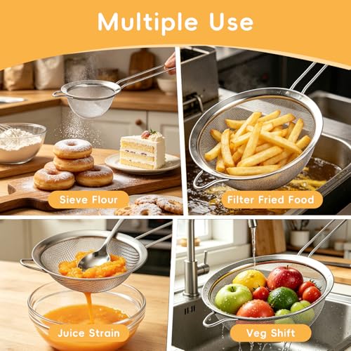 3-Piece Stainless Steel Mesh Strainer Set Small/Med/Large Fine Mesh Kitchen Sifters w/Handles – Silver, for Sifting/Straining/Cooking