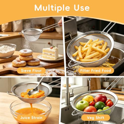 3-Piece Stainless Steel Mesh Strainer Set Small/Med/Large Fine Mesh Kitchen Sifters w/Handles – Silver, for Sifting/Straining/Cooking