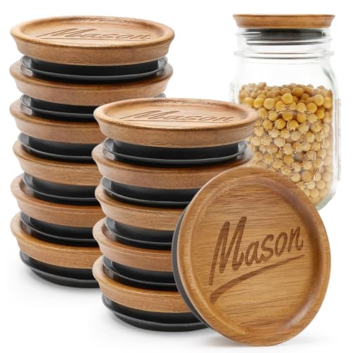12 Pack Acacia Wood Wide Mouth Mason Jar Lids Reusable Canning Lids for Jar Tops Large Mouth Silicone Jars Accessories Decorative Glass Jar with Wooden Lid Can Cover Mason Jar Storage Organizer - color: 12 Pcs, size: Wide Mouth