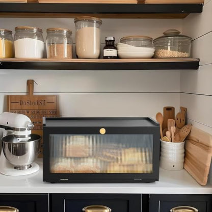 ETMI Black Bread Box for Kitchen Countertop - Modern bamboo Bread box with Window Bread Storage Container - color: Black