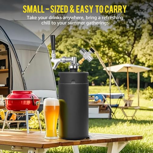 MRbrew 128oz Black Mini Keg Growler Portable Draft Beer Dispenser System Pressurized Stainless Steel Beer Growler Tap System Home Mini Kegerator, with Professional Beer Tap and CO2 Regulator