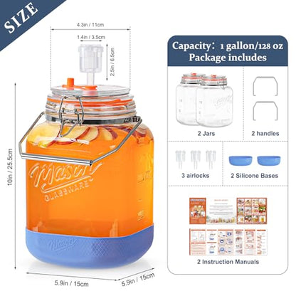 Folinstall 1 Gallon Fermentation Jar with 3 Airlocks, Stainless Steel Handle, Non-Slip Silicone Base, 128 oz Glass Storage Jar for Mead Making, Wine Making, Sourdough Starter, 2 Pack