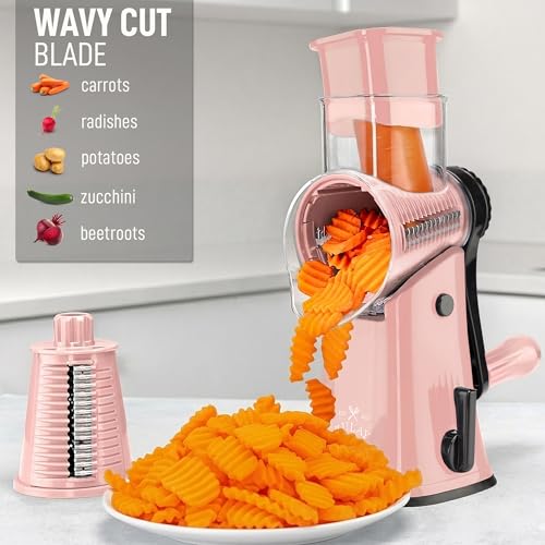Zulay Kitchen Rotary Cheese Grater 5 Blade Cheese Shredder - Manual Hand Crank Cheese Grater With Reinforced Suction & 5 Interchangeable Drums - Easy to Use, Vegetable Chopper Round Mandoline Slicer - color: Peach & Black