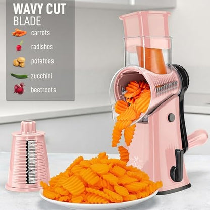 Zulay Kitchen Rotary Cheese Grater 5 Blade Cheese Shredder - Manual Hand Crank Cheese Grater With Reinforced Suction & 5 Interchangeable Drums - Easy to Use, Vegetable Chopper Round Mandoline Slicer - color: Peach & Black