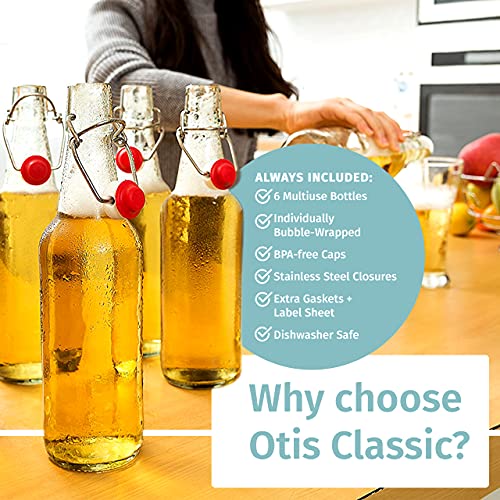 Otis Classic Glass Bottles with Caps - Set of 6 Clear Swing Top Glass Bottles w/Ceramic Lids for Storing Kombucha, Liquor, Syrup, Wine, Kefir & Beer - Bonus Marker & Labels Included, 16oz | Clear Bottle, Includes Marker & Labels, For Juice, Water, Kombuch