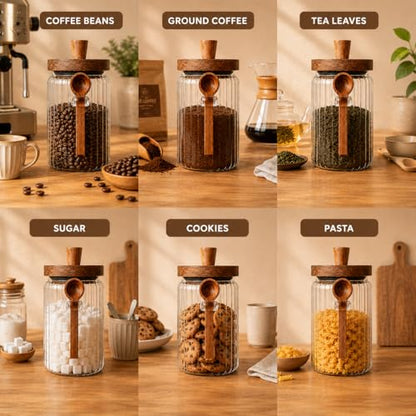 ANSQU Glass Jar with Wooden Lid & Spoon, Food Storage Containers Coffee Jar Coffee Grounds Container, Food Storage Canister (34oz-2pack-stripe) - size: 34oz-2pack-stripe