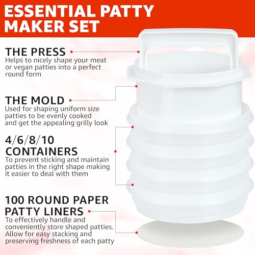 Hamburger Press Patty Maker - 4 in 1, Burger Mold, Patty Press, 10 Storage Containers, 100 Round Papers - Hamburger Patty Maker Tool for BBQ - Burger Shaper for Meat, Veggie Patties