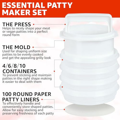 Hamburger Press Patty Maker - 4 in 1, Burger Mold, Patty Press, 10 Storage Containers, 100 Round Papers - Hamburger Patty Maker Tool for BBQ - Burger Shaper for Meat, Veggie Patties