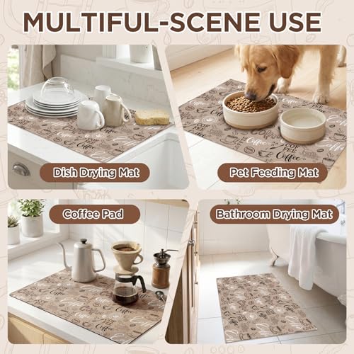 Coffee Theme Dish Drying Mat for Kitchen Counter Absorbent Microfiber Dish Drainer Mats Reusable Coffee Mat Bar for Countertop Washable Dishes Utensils Drying Pad 12x20 Inch