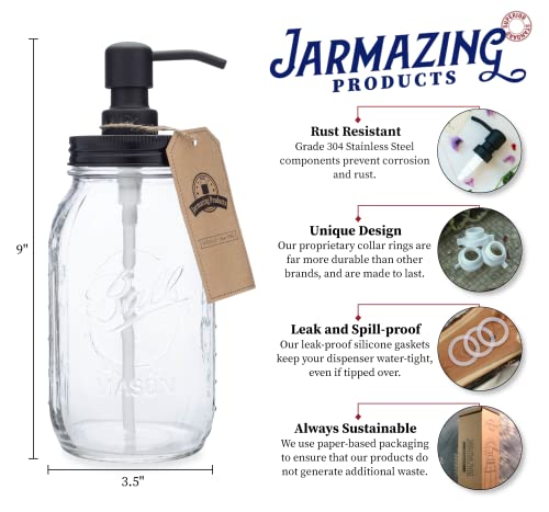 Quart Size Mason Jar Soap and Lotion Dispenser - Black - by Jarmazing Products - Made from Rust-Proof Stainless Steel - color: Semi-opaque Glass / Black Lid
